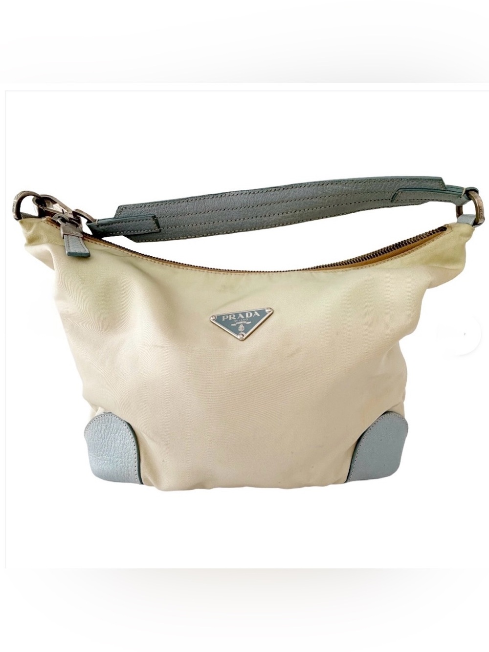 Prada Beige Nylon Shoulder Bag with Baby Blue Leather Trim